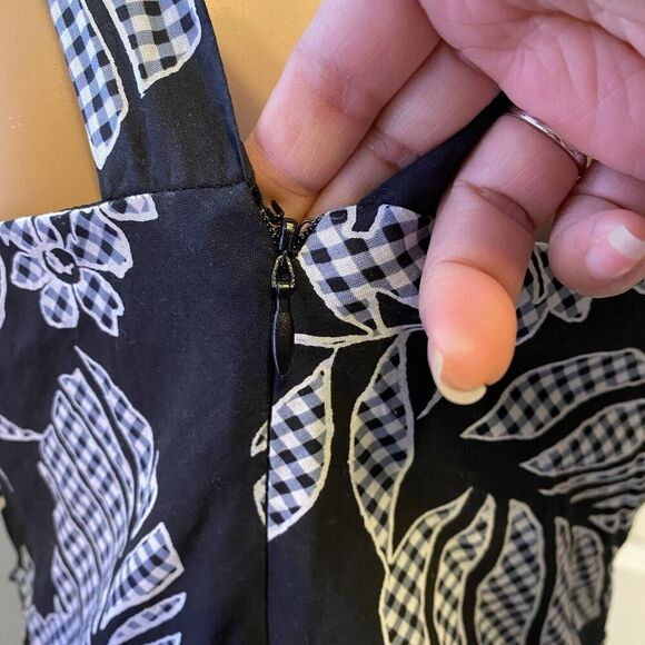 Y2K Dress Sz 6/S Black White Whimsigoth Key Hole Halter Midi Leafy Hippie Party - Picture 10 of 11